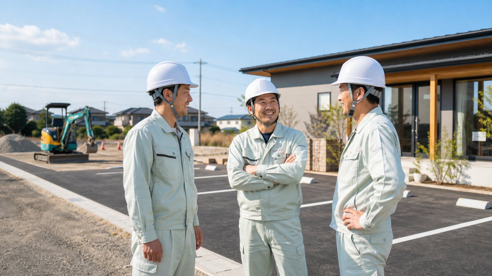 造成・整地の現場で打ち合わせをする職人